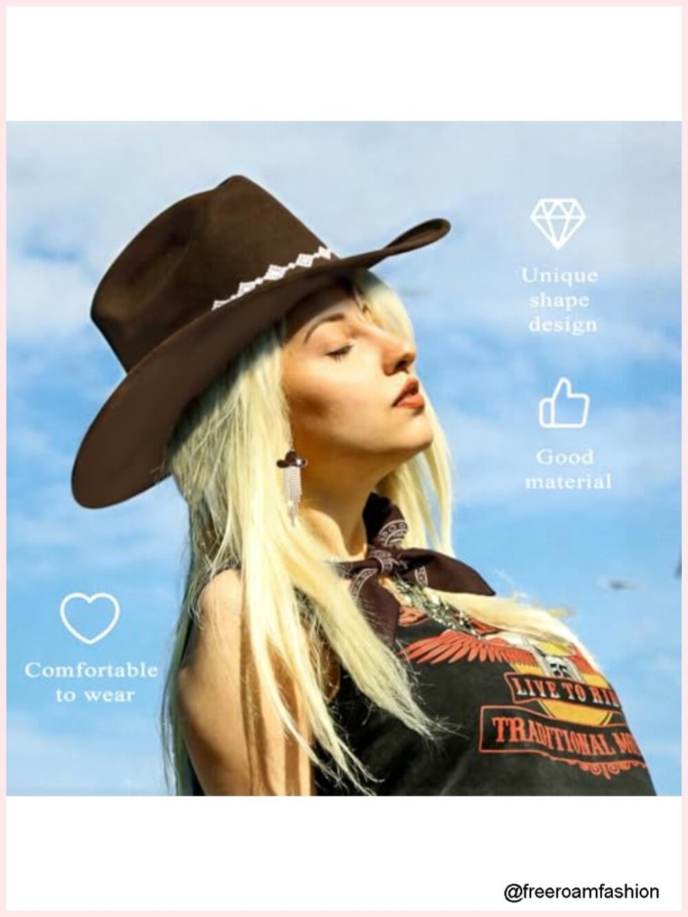 Western Cowgirl Hat Wide Brim Rhinestone Felt Cowboy Hat with Bandana and - Picture 3 of 6